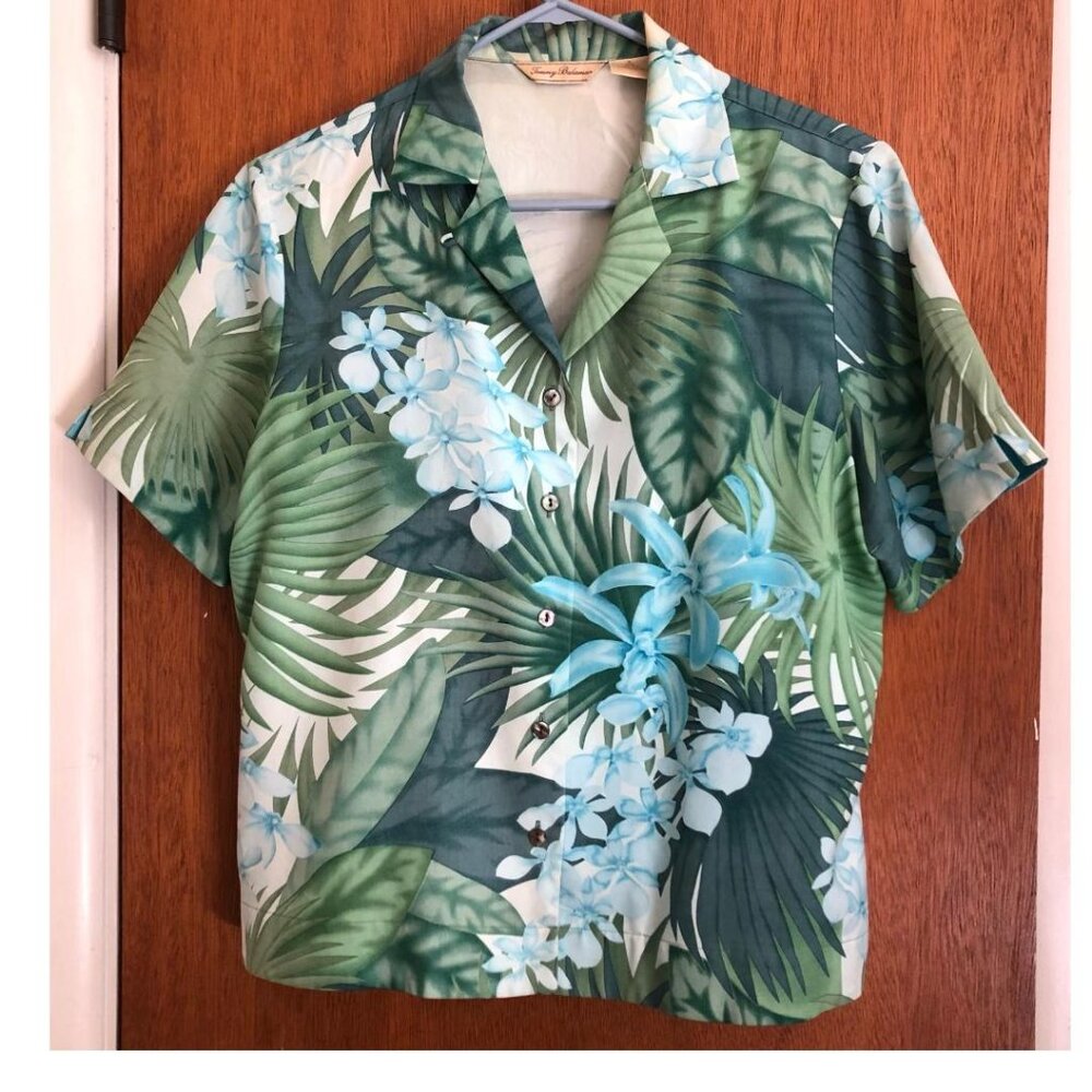 Tommy Bahama Silk Tropical Print Short Sleeve Blouse Sz M-8/10 Green & Blue
